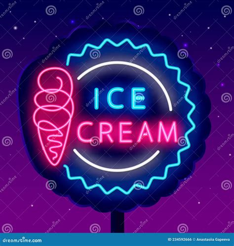 Ice Cream Cone Neon Billboard Candy Shop Emblem Summer Cold Dessert Isolated Vector Stock