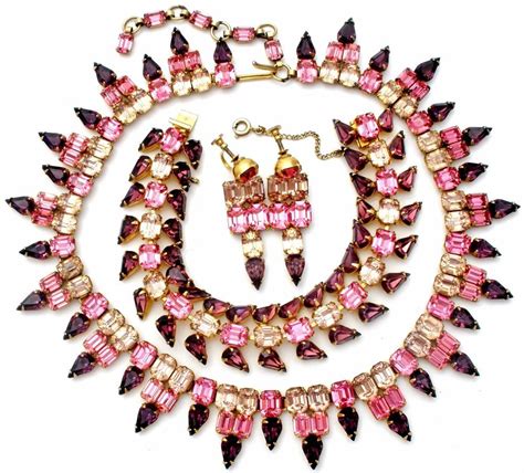 Kramer Of Ny Purple Pink Necklace Bracelet And Earrings Signed Parure Set