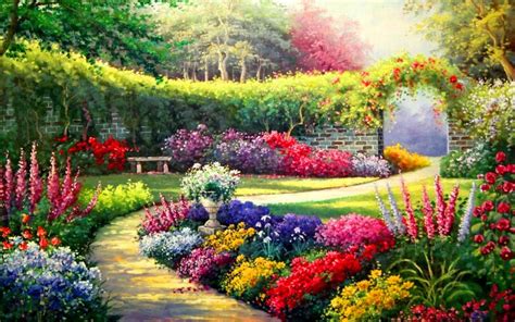 Vivid Flowers Way Entrance Sun Garden Painting Beautiful Gardens Landscape Paintings