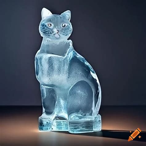Ice Cat Sculpture Shining In The Sunlight