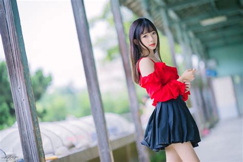 wallpaper asian women model depth of field long hair black hair skirt 2048x1366