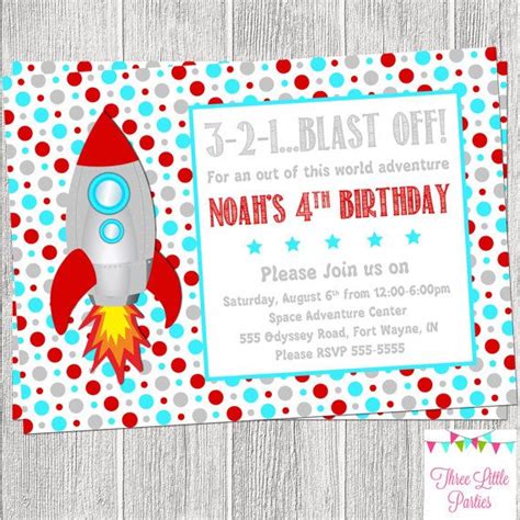 A Birthday Party Card With A Rocket Ship On The Front And Polka Dots