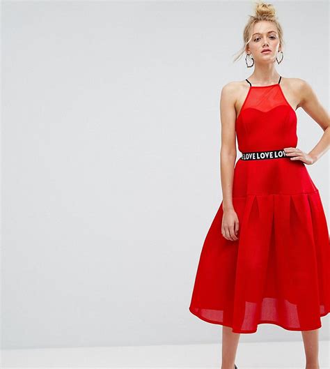 Asos Tall Bonded Mesh Prom Midi Dress With Love Strap Red Asos Dress