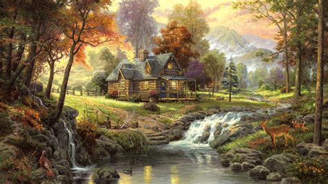 Download Wallpaper 1920x1080 Landscape Painting Art House Forest