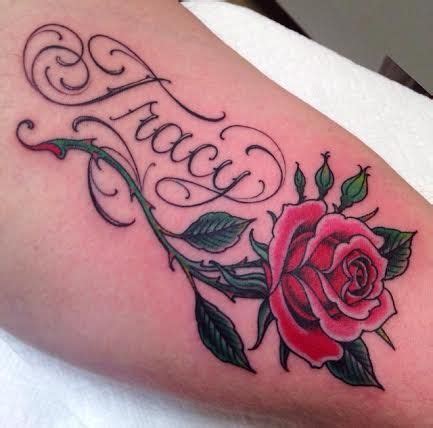 Many people enjoy the look of the tattoo, but there are also symbolic meanings it's a personal touch to a tattoo that gives special meaning to a tattoo choice. Traditional rose and name tattoo by Graham Beech www ...