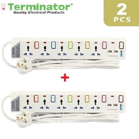 Terminator 5 Way Power Extension With 2 Usb Ports 3 M White توصيل