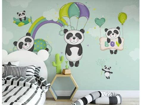 Hand Painted Cartoon Pandas Nursery Wallpaper Wall Mural Lovely