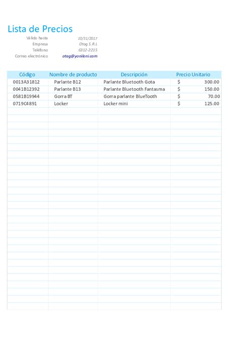 Plantilla De Lista De Precios Gratis En Microsoft Excel Plantillas