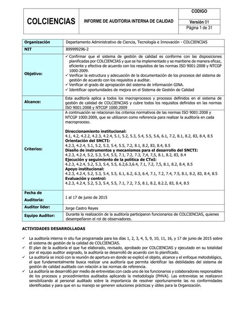 Ejemplo Informe Auditoria Interna Iso 9001 2015 Opciones De Ejemplo