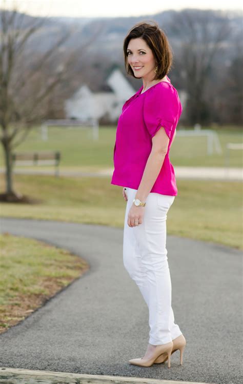 Spring Date Night Outfit Pink Blouse White Jeans Pumps