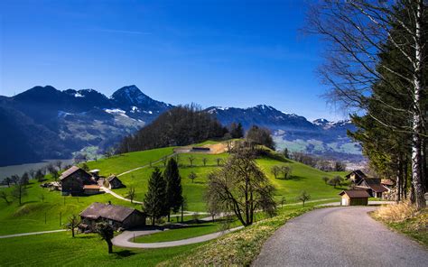 Wallpaper Switzerland Schwyz Nature Mountains Roads Meadow
