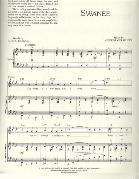 Swanee Free Sheet Music By George Gershwin Pianoshelf