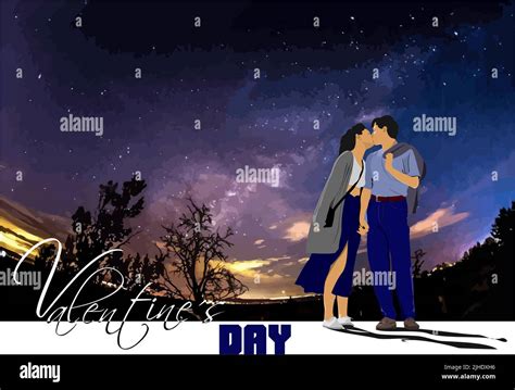 Happy Couple Romantically Kissing At Night Under Moonlight 3d Vector