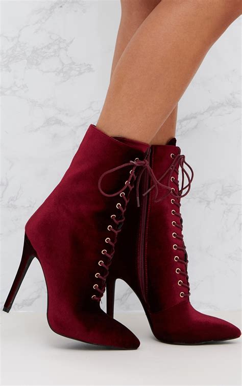 Burgundy Velvet Lace Up Heeled Boots Shoes Prettylittlething Ie