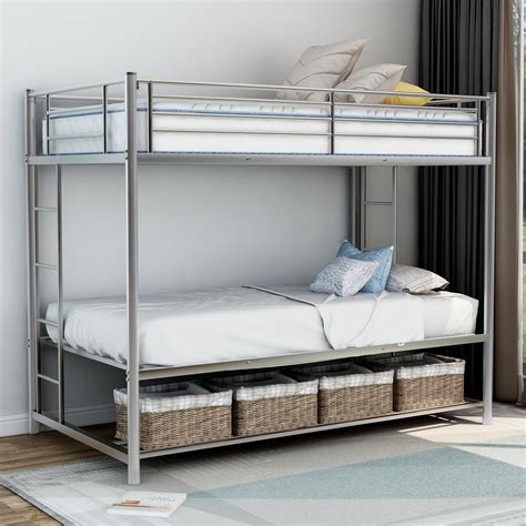 Euroco Metal Twin Over Twin Bunk Bed Frame With Storage Shelf Silver
