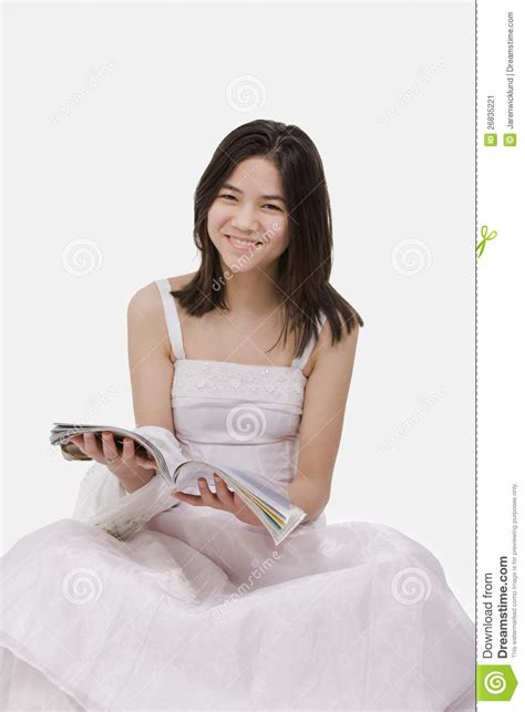 Young Teen Girl In White Dress Reading Stock Image Image