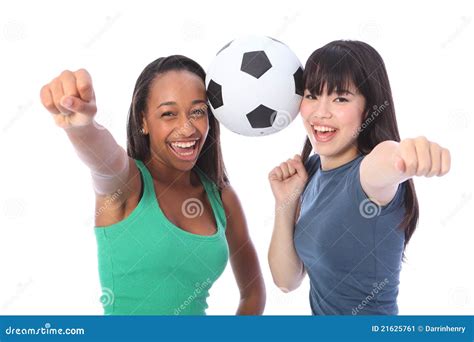 Teenage Girls Success And Fun With Soccer Ball Stock Image Image