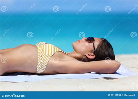 Beach Sunglasses Woman Tanning Relaxing In Bikini Stock Photo Image