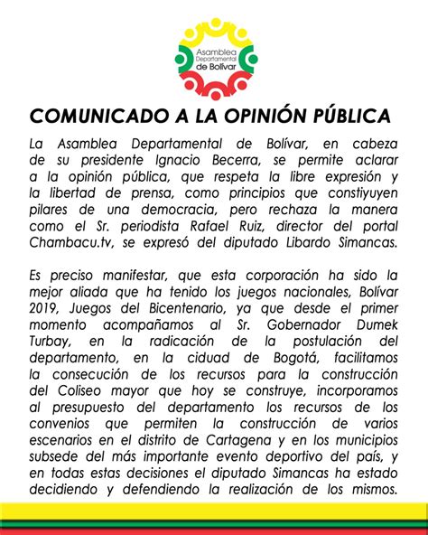 Comunicado A La OpiniÓn PÚblica Asamblea Departamental De Bolívar