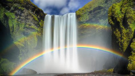Nature Waterfall Rainbows Moss Long Exposure Iceland Clouds Rock