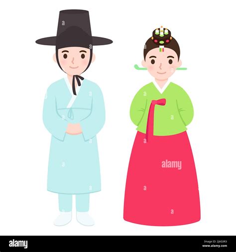 lindo niño y niña pareja en la tradicional coreana venida de la edad ropa de ceremonia dibujos