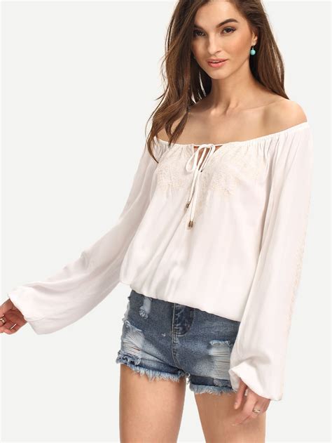 White Off The Shoulder Embroidered Long Sleeve Blouse SheIn Sheinside