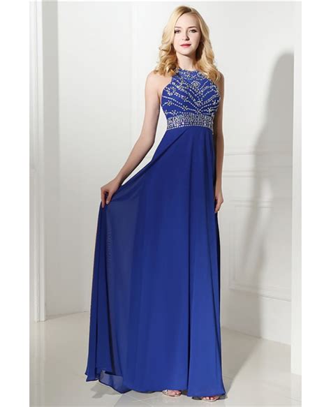 Royal Blue Long Halter Evening Dress Chiffon With Beading Topbd28843evening Dresses