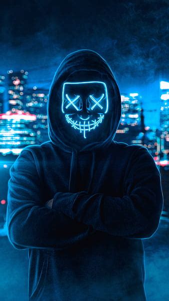 Masked Man Anonymous Hoodie Hacker Neon City Men Hd Wallpaper
