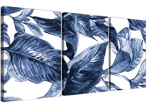 Indigo Navy Blue White Tropical Leaves Canvas Wall Art Multi 3 Part