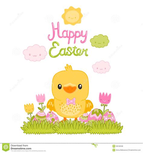 Happy Easter Cartoon Cute Chicken And Eggs Royalty Free