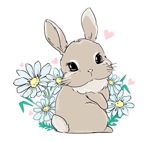 Premium Vector Cute Bunny Sits In Flowers Daisies Print For