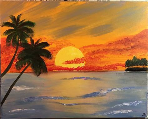 Painting Acrylic Sunset Ocean Beach Painting Sunset Drawing Easy