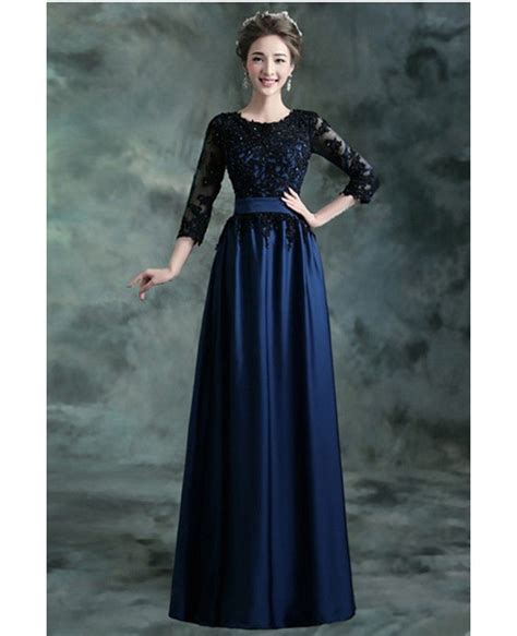 Navy Blue Long Formal Evening Dress With 34 Lace Beaded