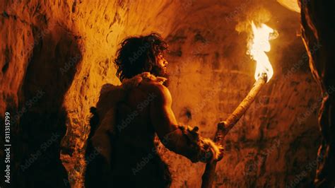 Portrait Of Primeval Caveman Wearing Animal Skin Exploring Cave At