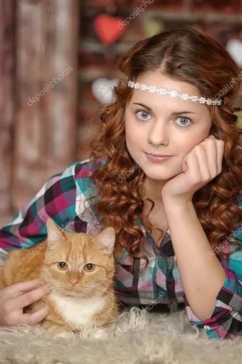 Teen Girl With Ginger Cat Stock Photo Evdoha 20357295