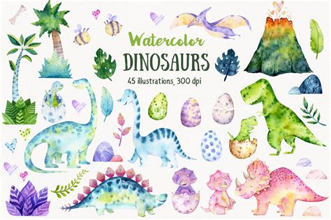 Watercolor Dinosaur Clipart Dinosaur Illustration Babyshower Etsy