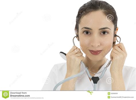 Female Doctor Listening With Stethoscope Stock Image Image Of