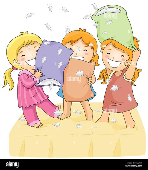 Illustration Of Cute Little Girls Having A Pillow Fight Stock Photo Alamy
