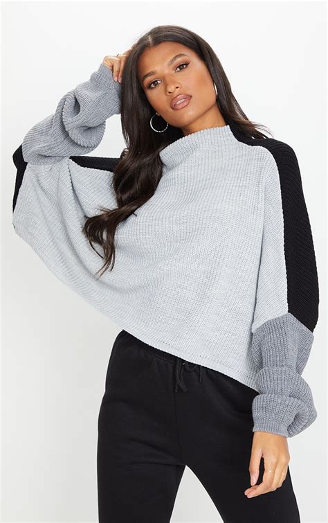 Black Oversized Color Block Sweater Prettylittlething Qa