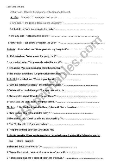 Reported Speech Exercises For Class Cbse With Answers Pdf Honamber