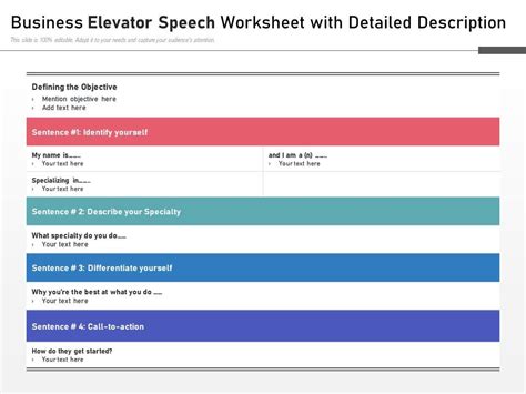 Business Elevator Speech Worksheet With Detailed Description Presentation Graphics