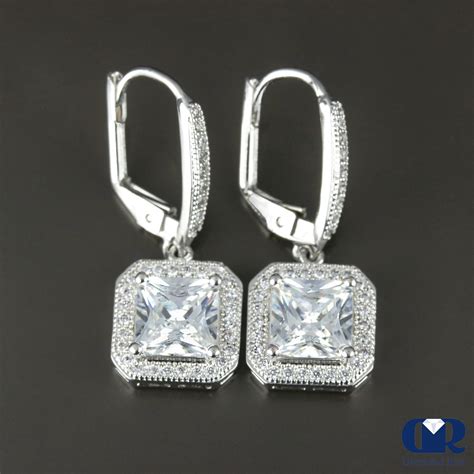 Princess Cut Diamond Drop Earrings With Lever Back In 14k White Gold