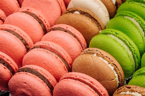 A French Sweet Delicacy Colourful Macaroons Variety Closeup Stock