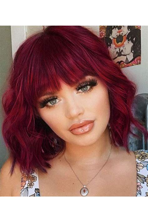 entranced styles synthetic curly bob wig with bangs short bob wavy hair wig wine red color