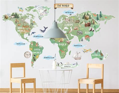World Map Wall Decal Kids World Map Decal World Map With Etsy