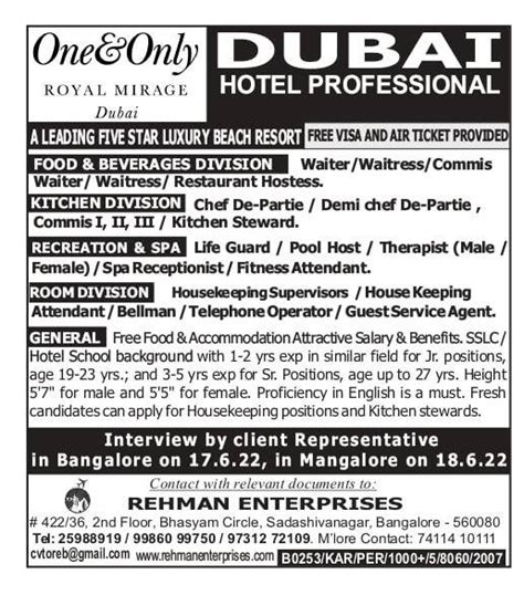 Overseas Recruitment Urgently Hiring Hotel Professional Dubai