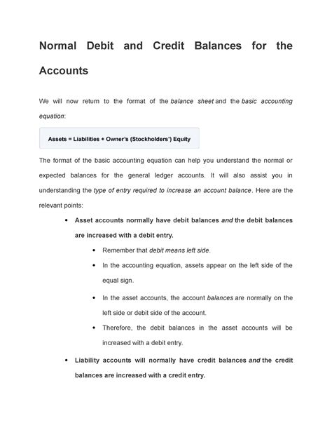 Normal Debit And Credit Balances For The Accounts It Will Also Assist