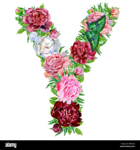 Letter Y Of Watercolor Flowers Isolated Hand Drawn On A White