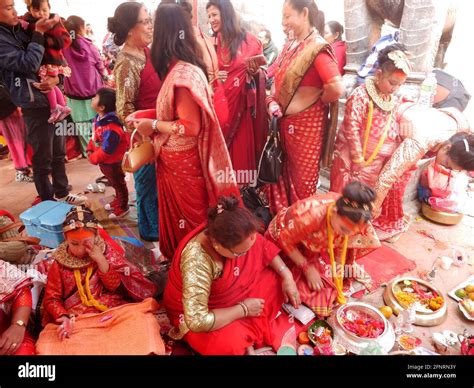 Nepalese Girl And Nepal People Join In Ceremony Ritual Selection Process Kumari Devi Or Living