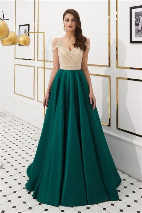 Elegant V Neck Cold Shoulder Crystal Beaded Champagne Bodice Green